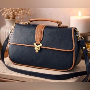 Vienti Black Faux Leather Satchel Bag Brown Trim Crossbody Shoulder Purse